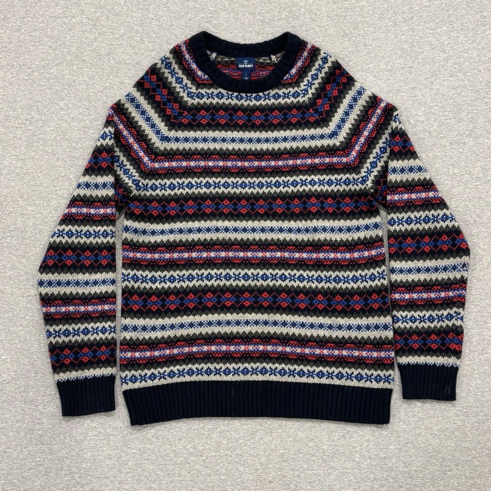 Old Navy Fair Isle Knit Sweater Men's Size L Geometric Red White Black Pullover